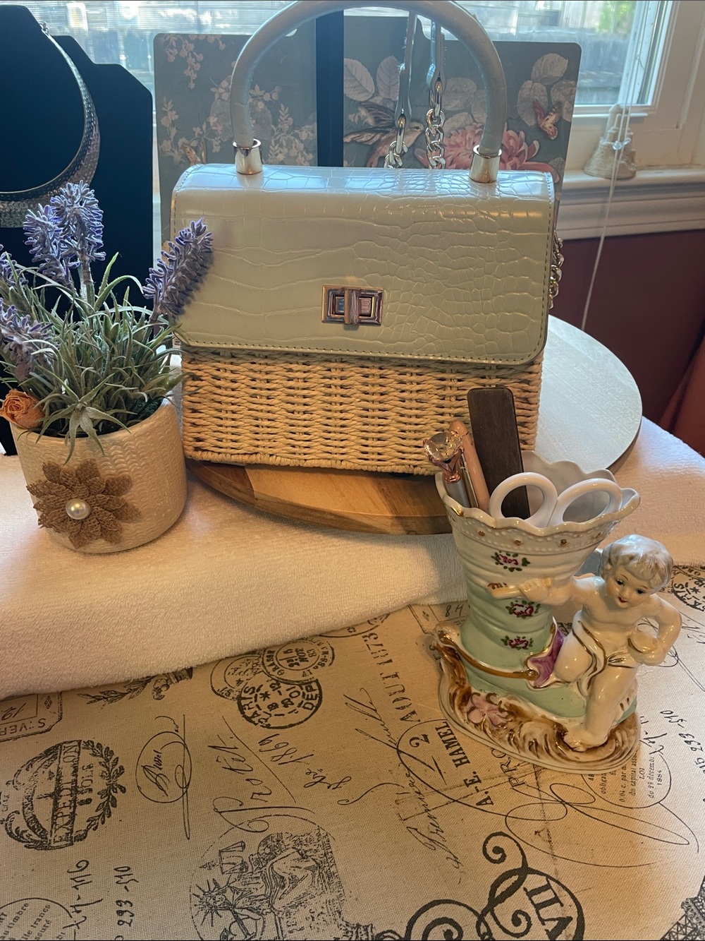 Briar Faux Croc and Woven Straw  Top-Handle Satchel in Light Pistachio